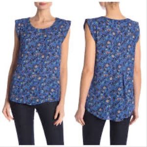 Pleione Women Top Size Small Bailey Double Pleat Blue Floral Blouse Pullover